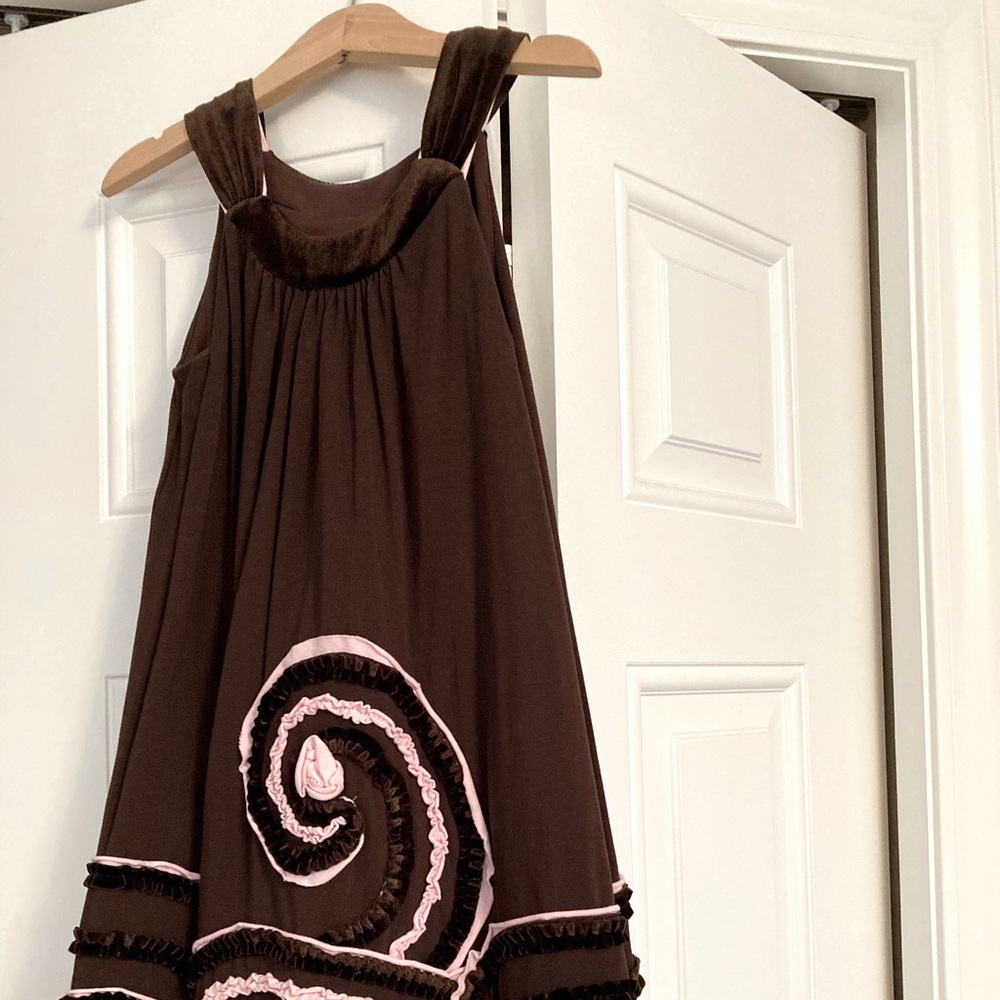 Chocolate brown and pink swirly party dress, size 6x